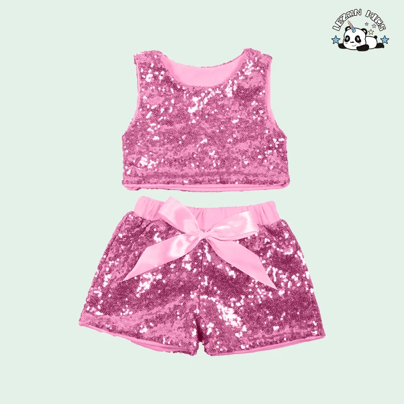 LEZONKIDS - Conjunto de shorts e colete sem mangas com lantejoulas para meninas no verão, roupa de bebê